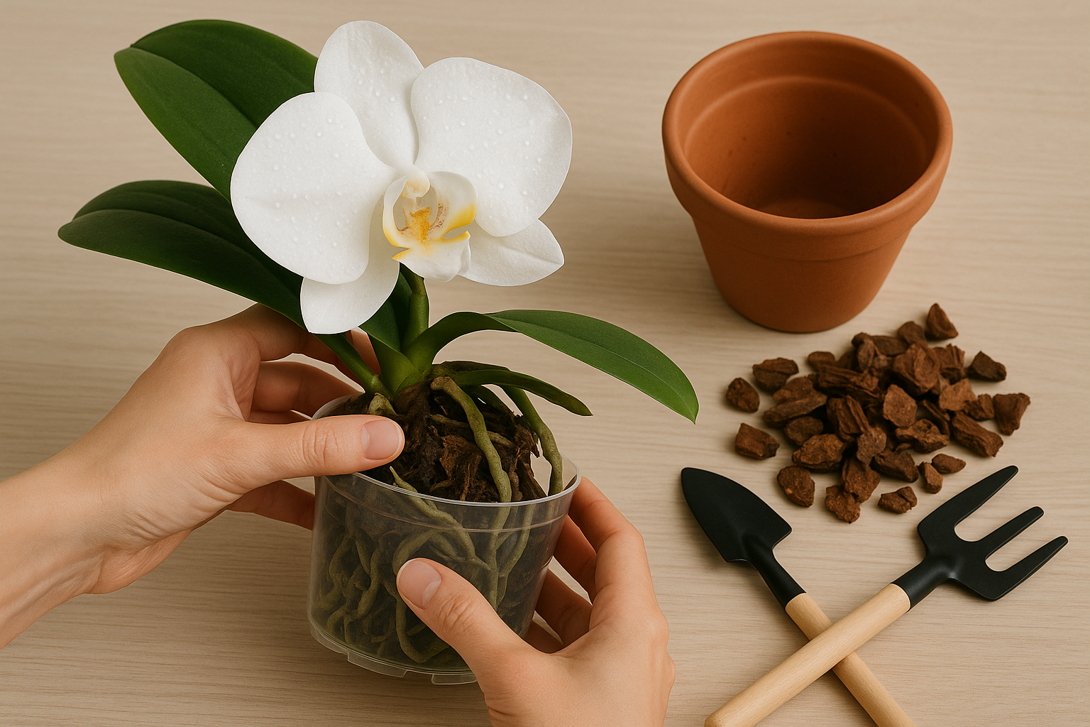 Hands gently removing a white orchid from its transparent container, revealing healthy green roots with fresh orchid bark mix on the side and gardening tools nearby.